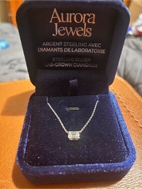 Sterling Silver & Emerald cut Diamond Pendant Necklace 18”